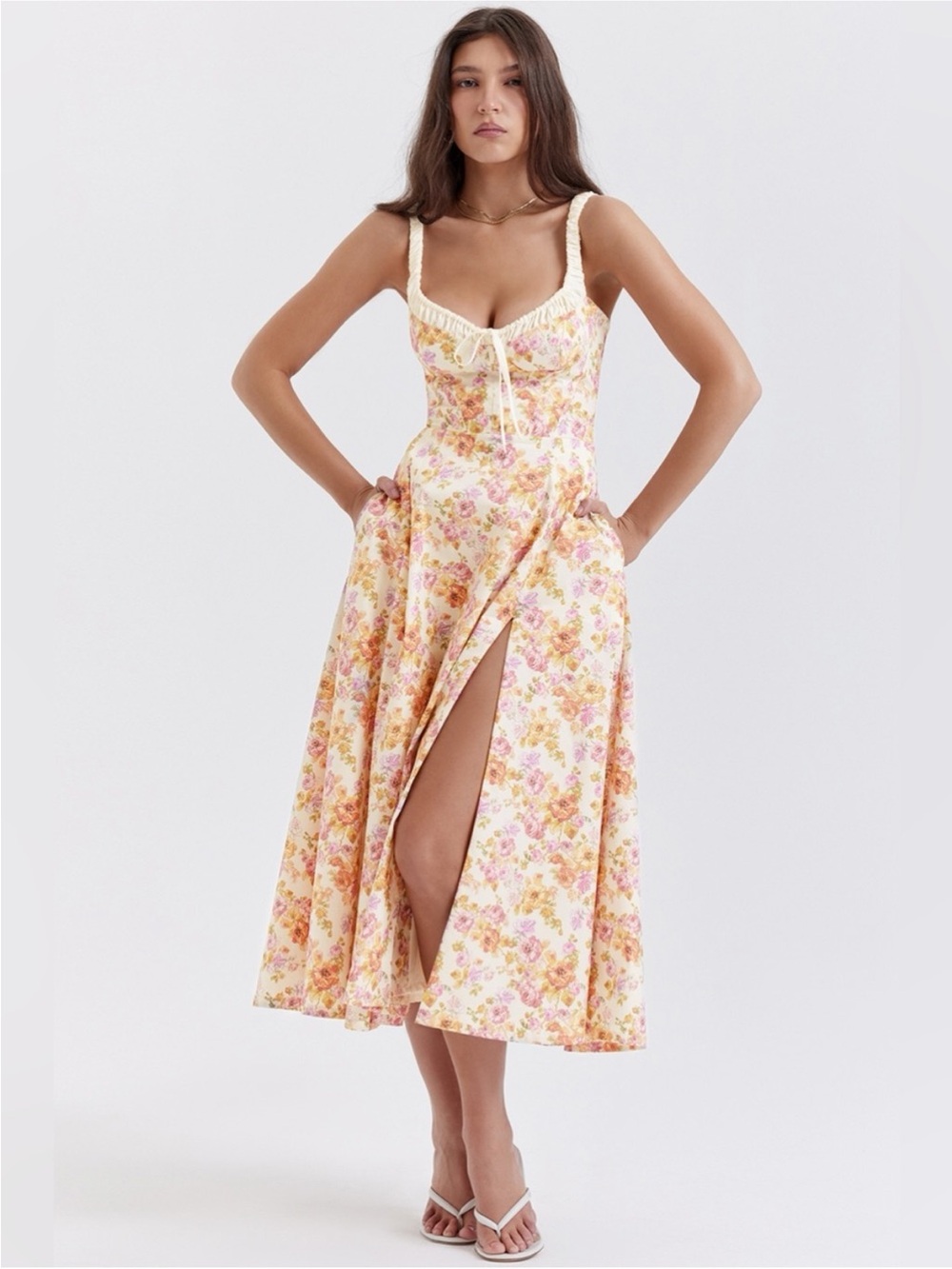 House Of CB Sabrina Ivory Print Bustier Midi Sundress Whimsical Floral Sz L - Picture 2 of 6